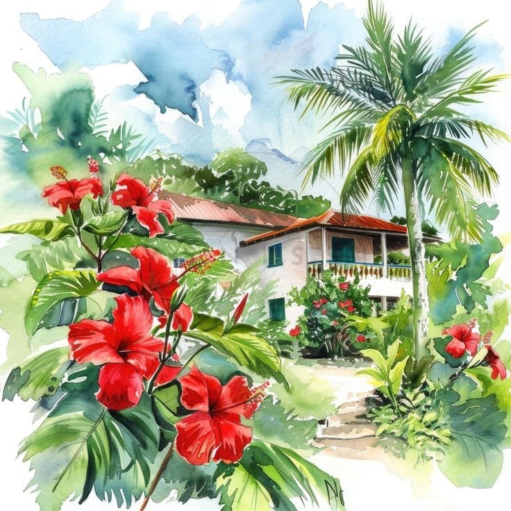 A lush coastal garden created by The Garden Crew on the Kenyan coast, with indigenous trees, flowering shrubs and a stone path